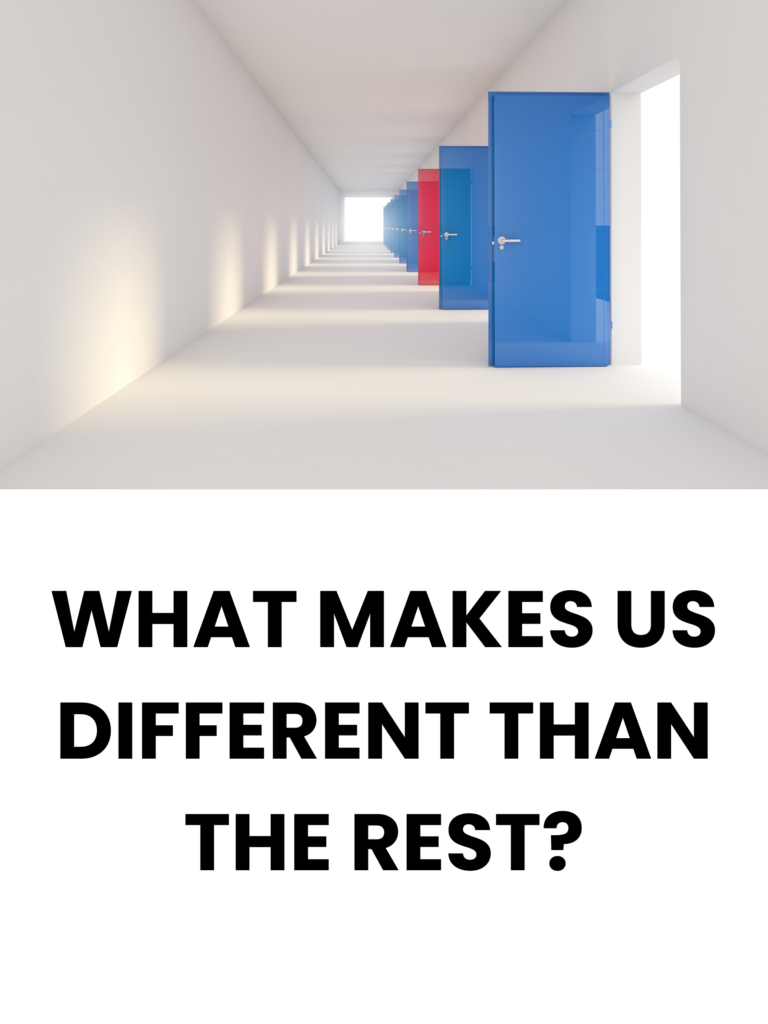 A hallway with many blue and red doors.